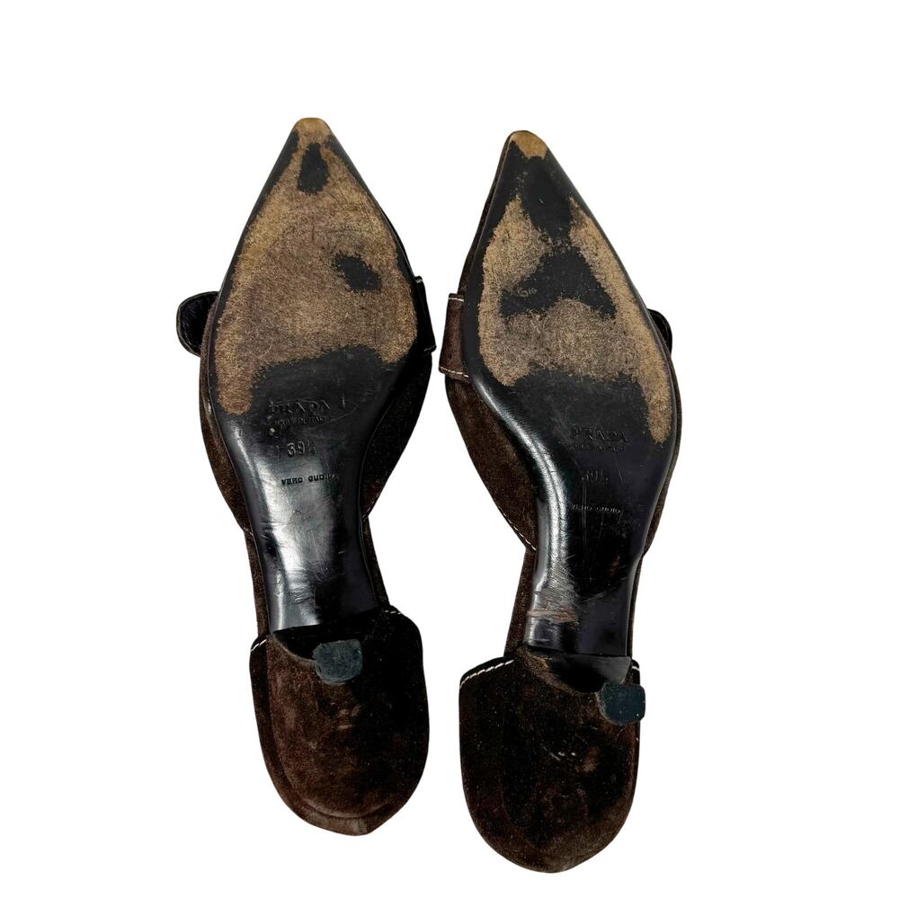 Prada Brown Suede Buckle Heels Size 39.5 Vintage Kitten Pumps Designer Shoes - Picture 7 of 10